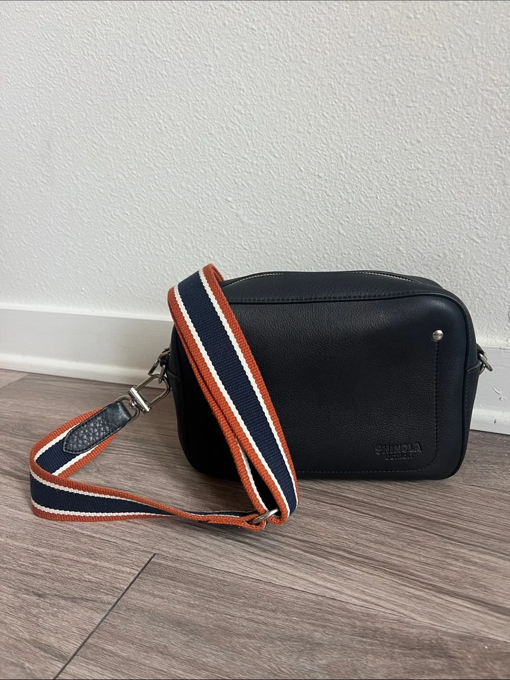 Shinola Camera Crossbody Bag Black with Navy, White & Rust Strap
